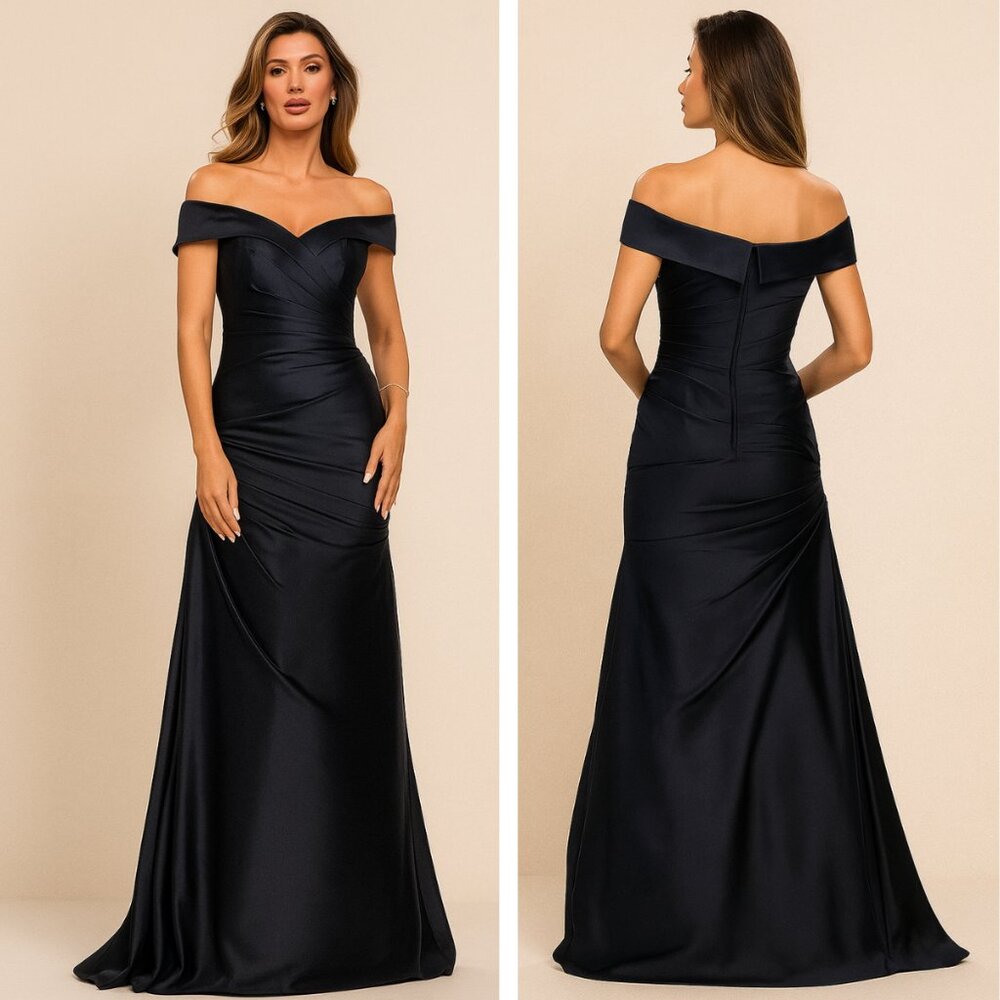 NEW La Femme Off Shoulder Ruched Satin Trumpet Gown